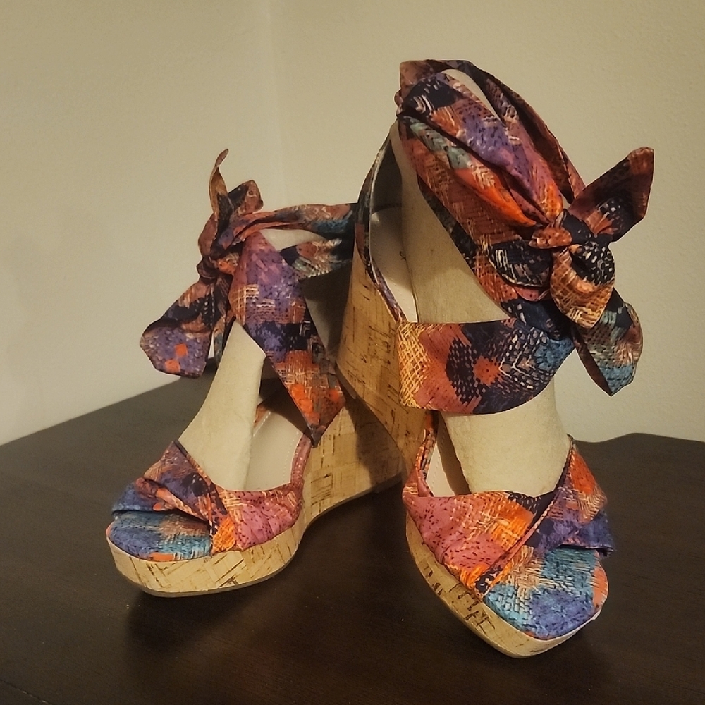Impo Multicolor Cork Wedge Sandals with Tie Ankles - Picture 3 of 4